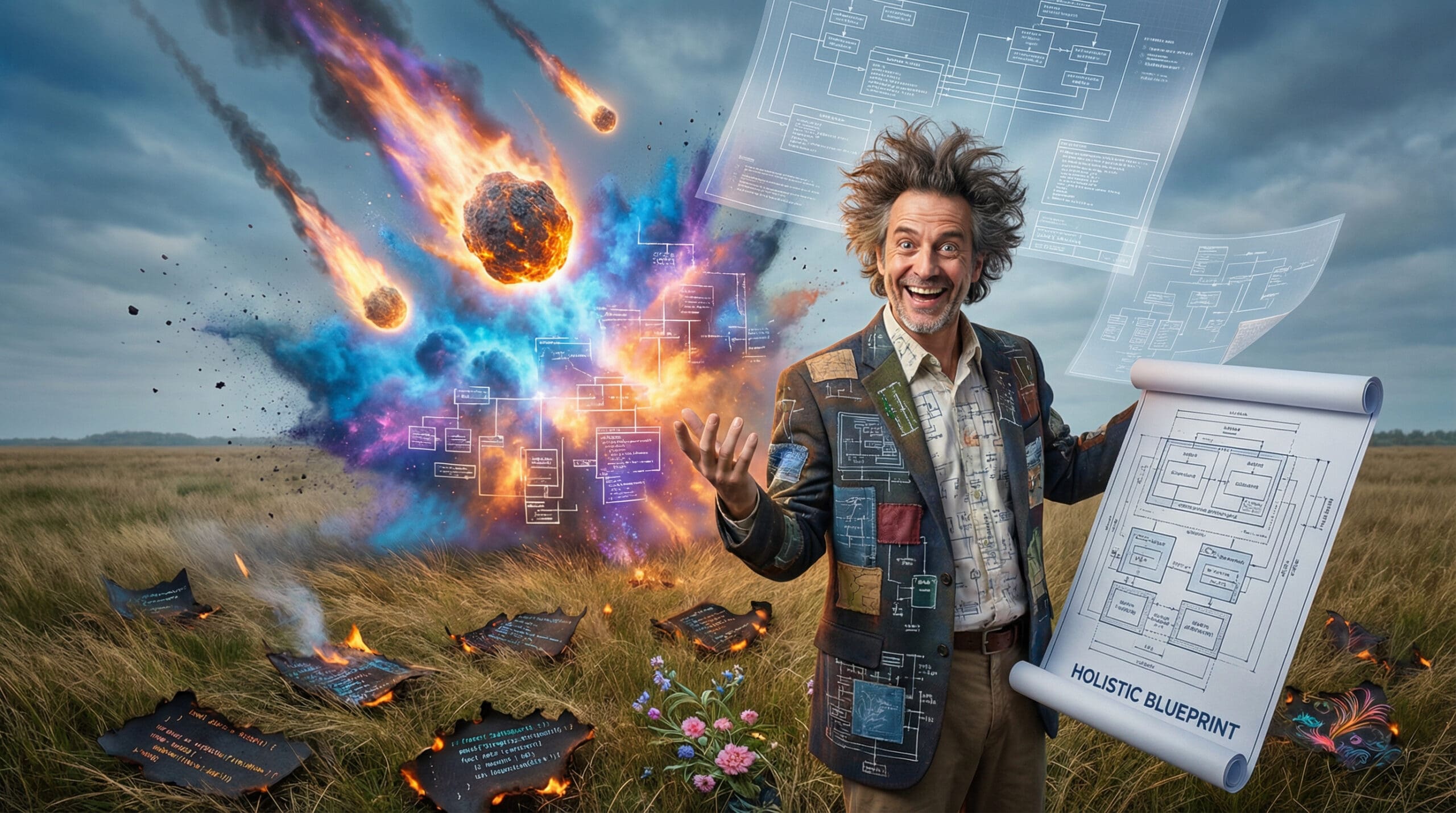 Vallande meteorieten met een architect die orde probeert te brengen in de chaos